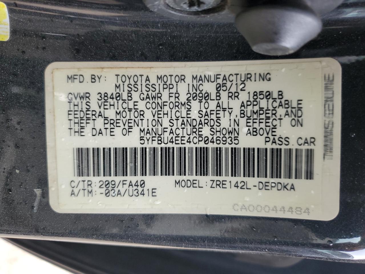 2012 Toyota Corolla Base VIN: 5YFBU4EE4CP046935 Lot: 86097305