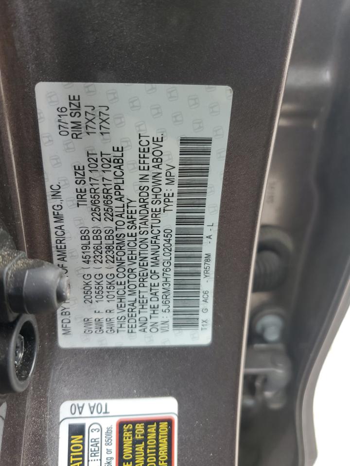 2016 Honda Cr-V Exl VIN: 5J6RM3H76GL020450 Lot: 84906425