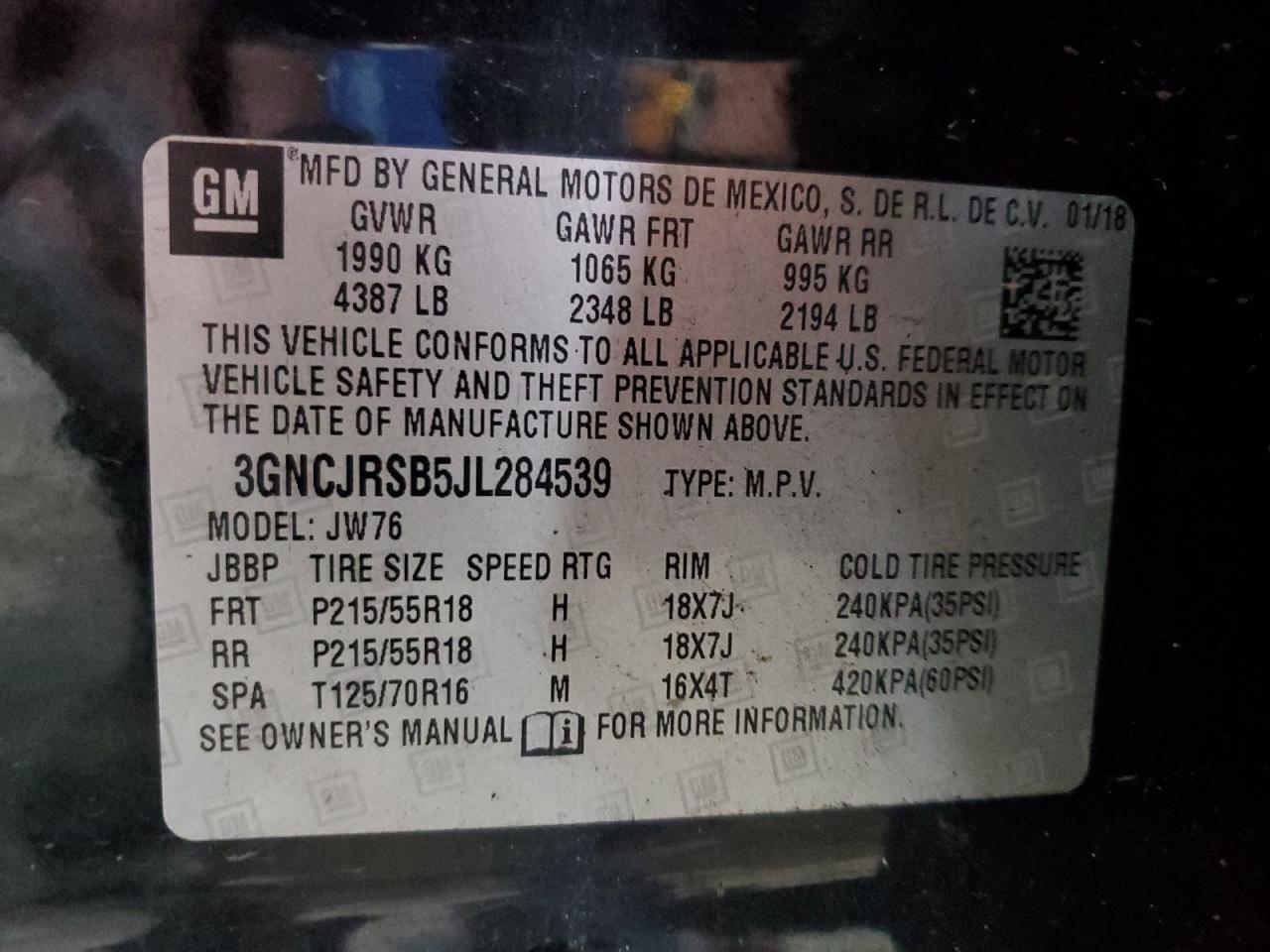 2018 Chevrolet Trax Premier VIN: 3GNCJRSB5JL284539 Lot: 86069235