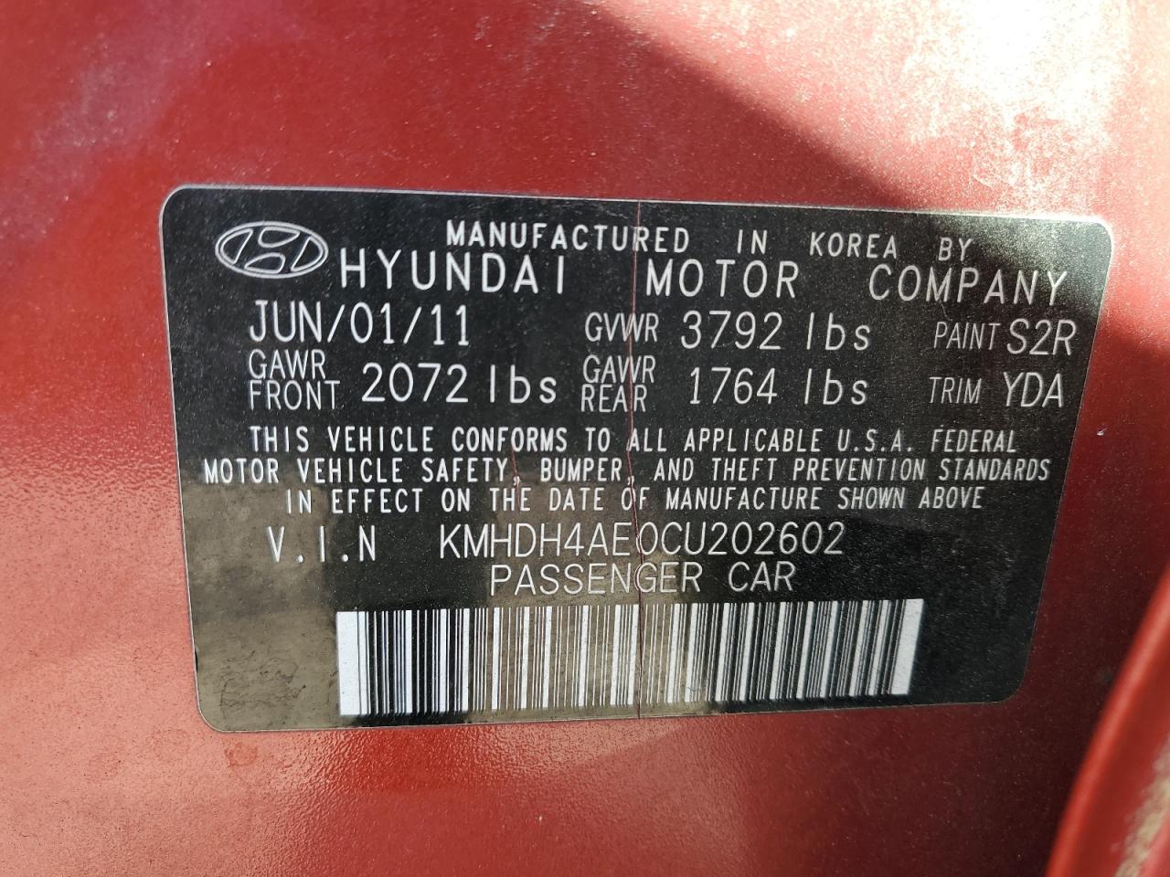 2012 Hyundai Elantra Gls VIN: KMHDH4AE0CU202602 Lot: 86334555