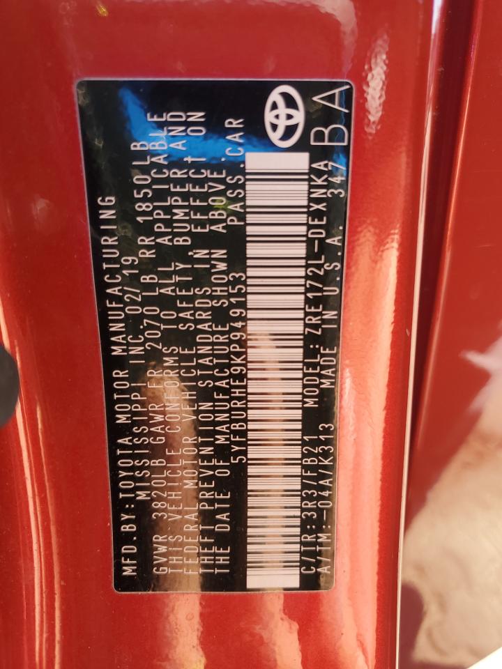 2019 Toyota Corolla L VIN: 5YFBURHE9KP949153 Lot: 82390205