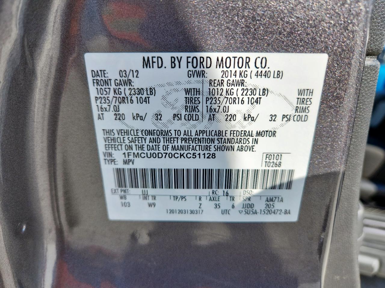 2012 Ford Escape Xlt VIN: 1FMCU0D70CKC51128 Lot: 85774225