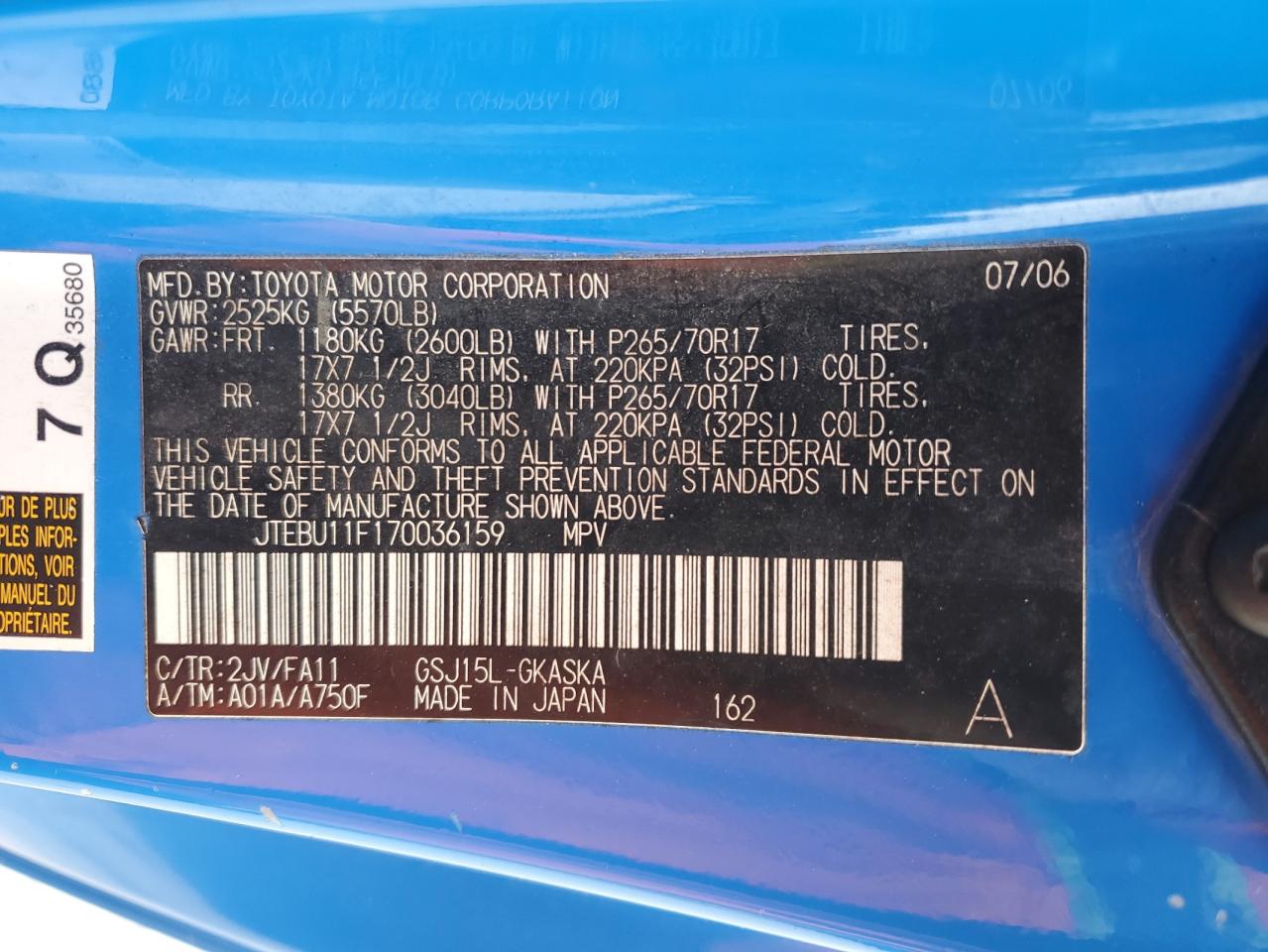 2007 Toyota Fj Cruiser VIN: JTEBU11F170036159 Lot: 85855025