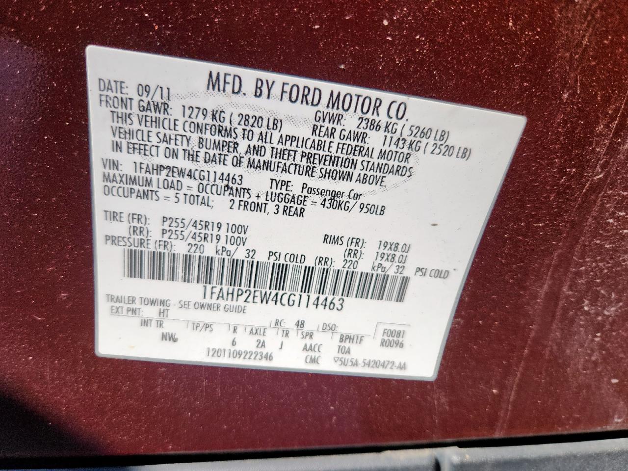 2012 Ford Taurus Sel VIN: 1FAHP2EW4CG114463 Lot: 82308965