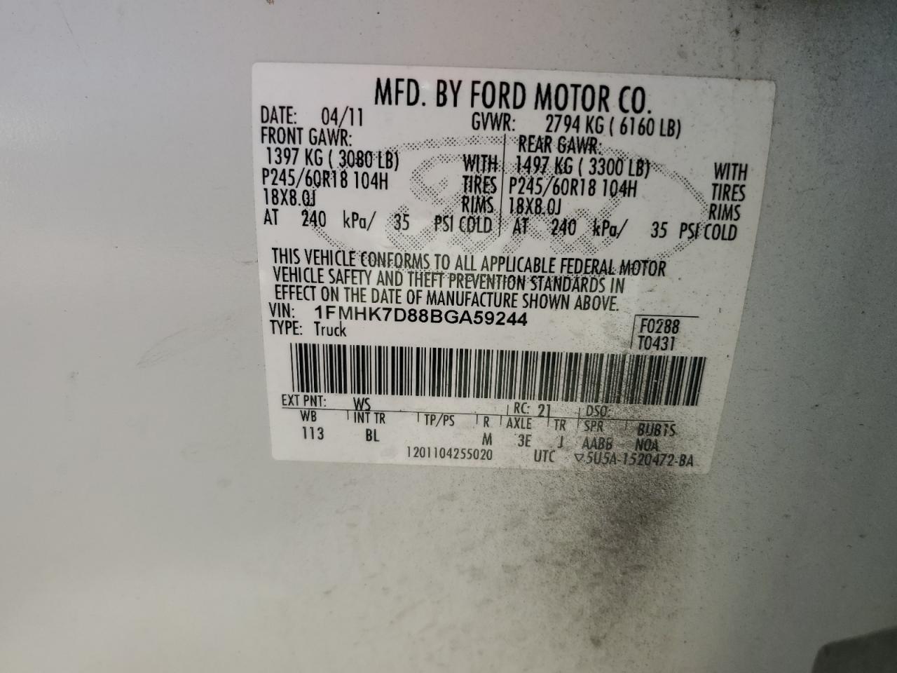 2011 Ford Explorer Xlt VIN: 1FMHK7D88BGA59244 Lot: 86709885