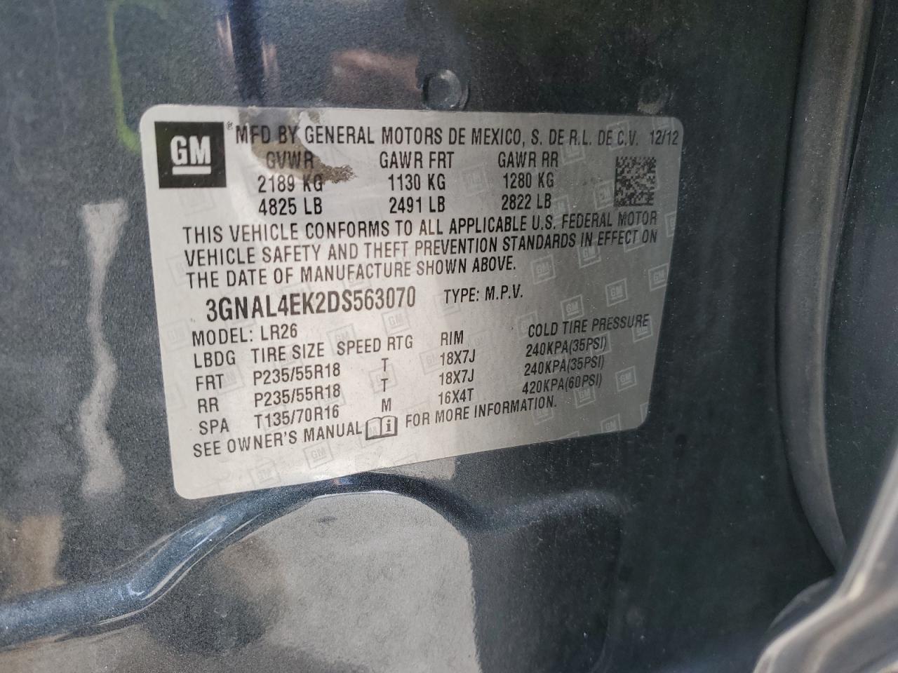 2013 Chevrolet Captiva Ltz VIN: 3GNAL4EK2DS563070 Lot: 85711605