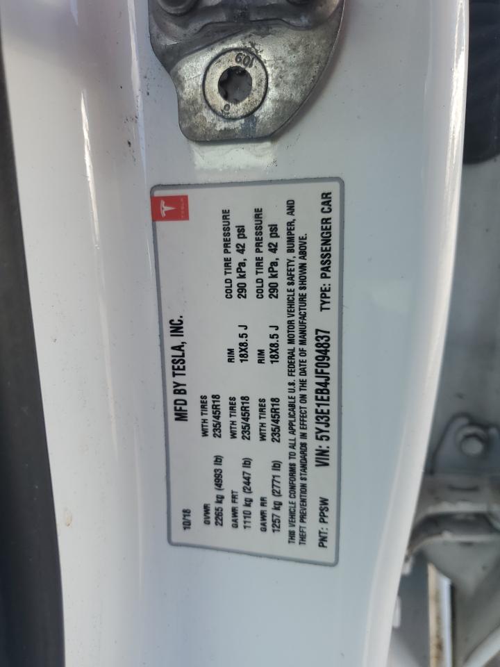 2018 Tesla Model 3 VIN: 5YJ3E1EB4JF094837 Lot: 86305275