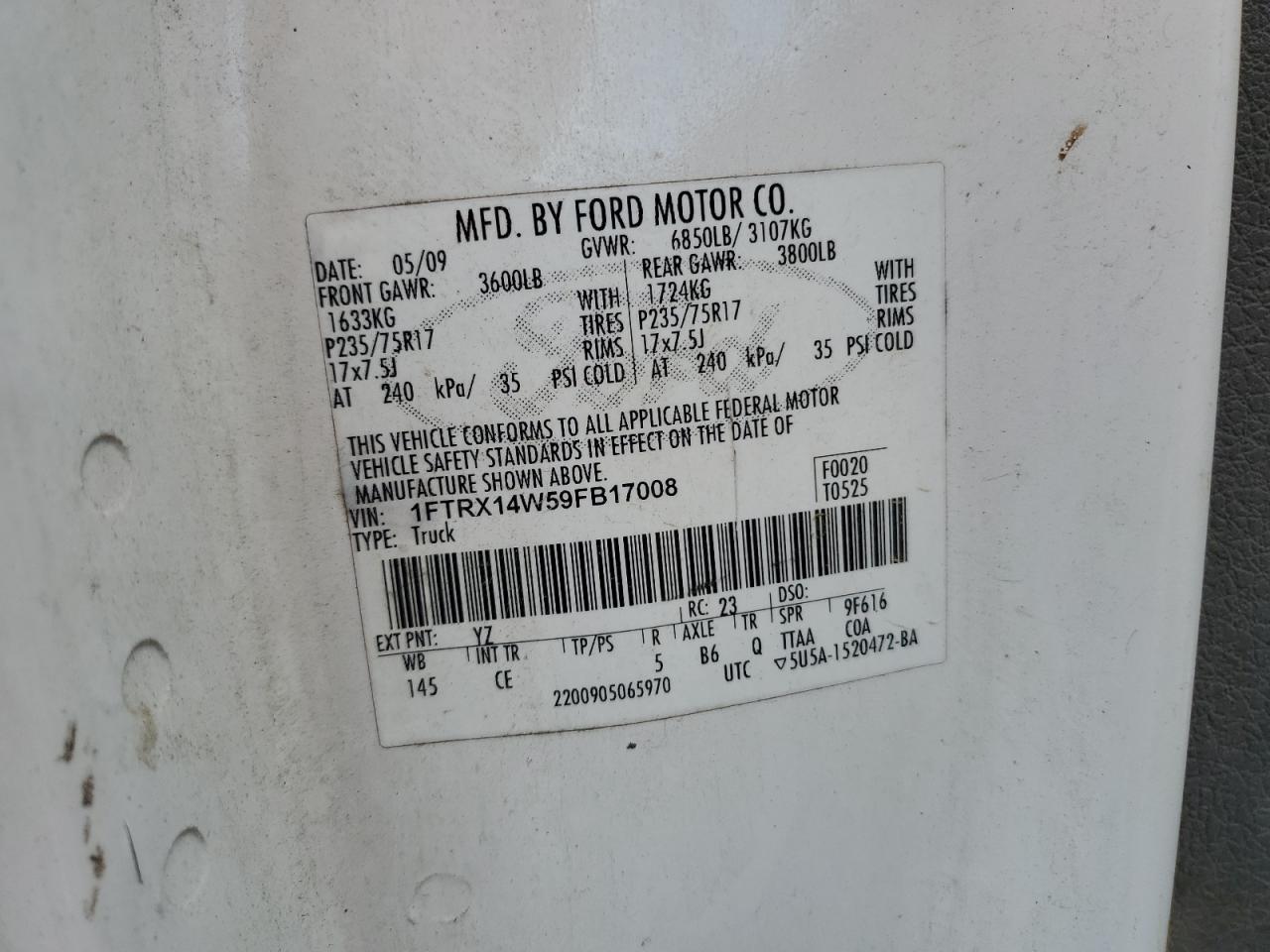 2009 Ford F150 Super Cab VIN: 1FTRX14W59FB17008 Lot: 87211135