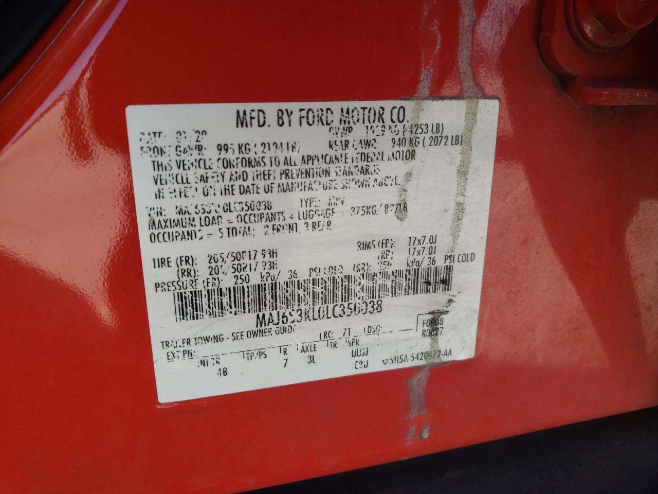 2020 Ford Ecosport Titanium VIN: MAJ6S3KL0LC350038 Lot: 91027415