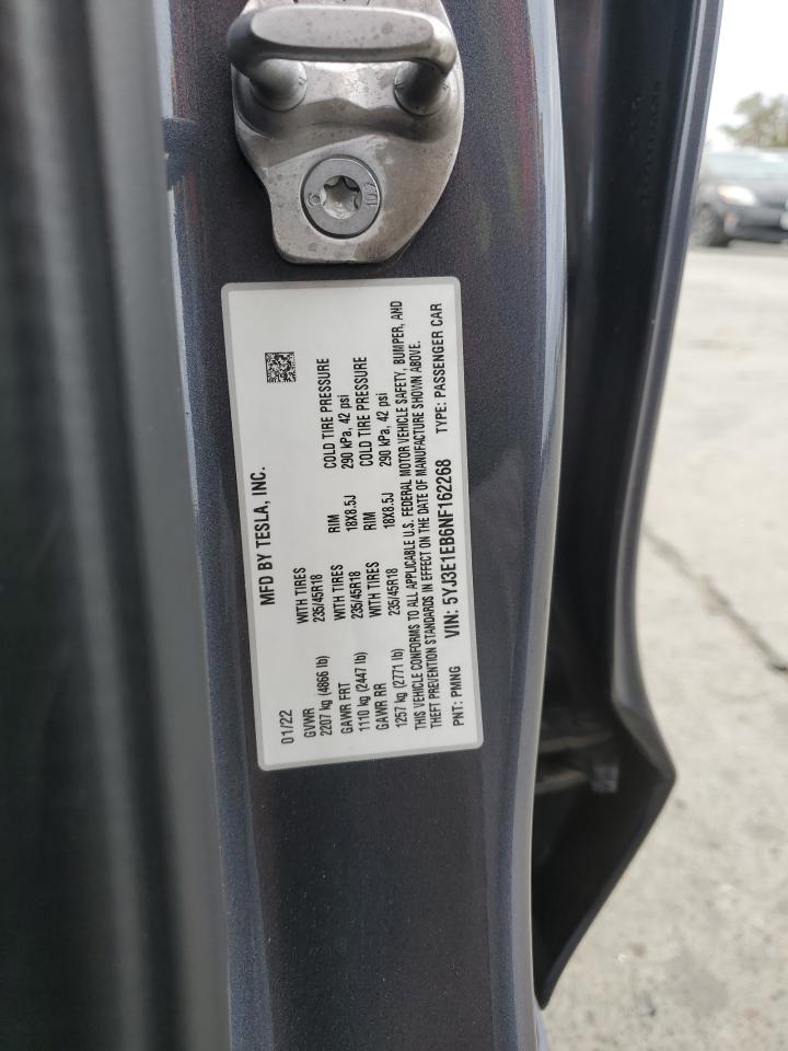 2022 Tesla Model 3 VIN: 5YJ3E1EB6NF162268 Lot: 86500425