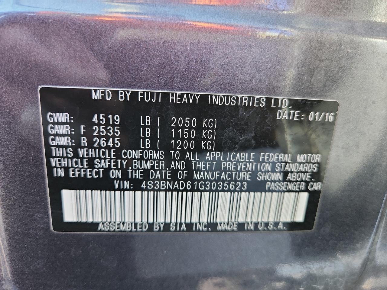 2016 Subaru Legacy 2.5I Premium VIN: 4S3BNAD61G3035623 Lot: 85368015