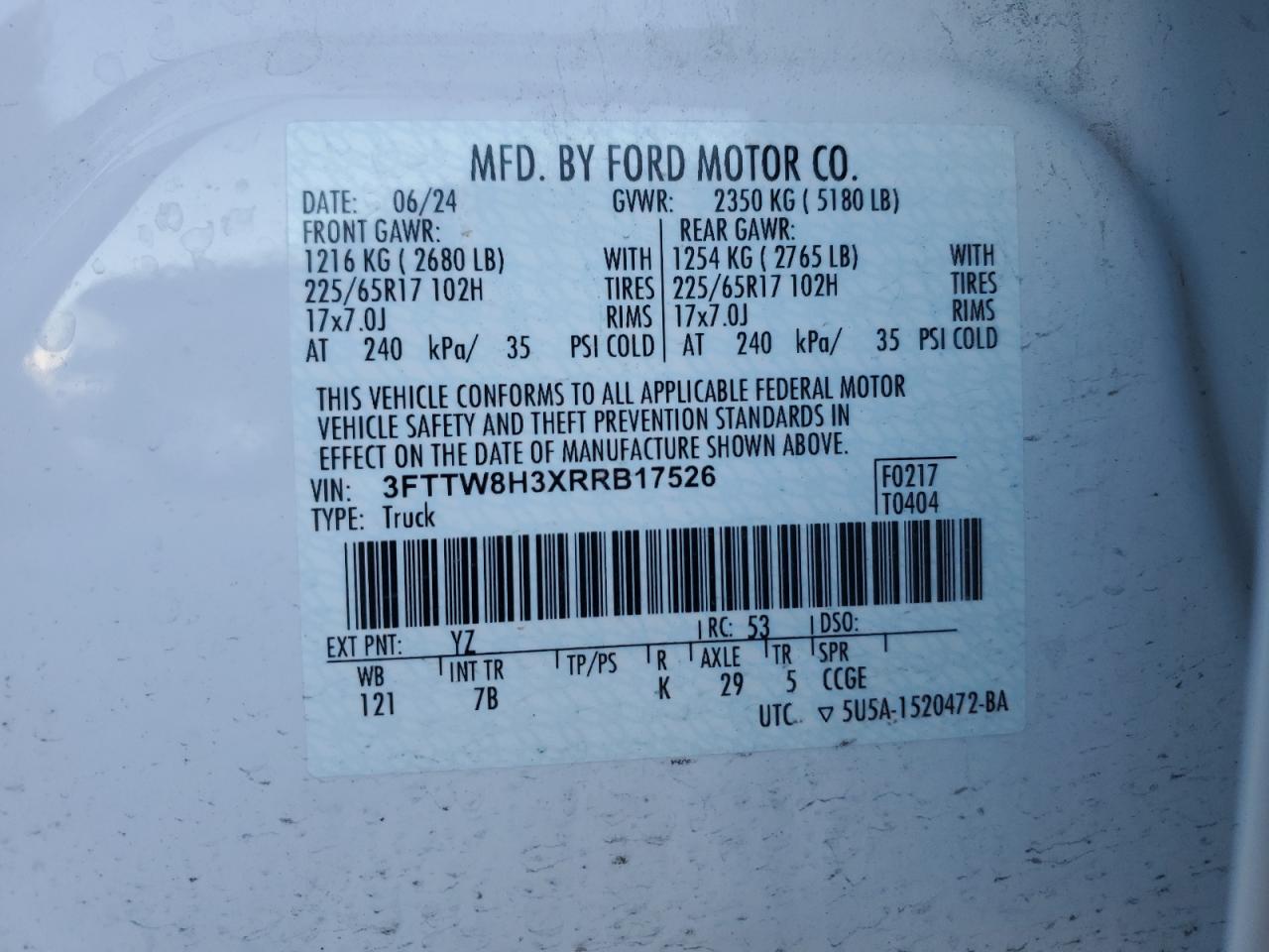 2024 Ford Maverick Xlt VIN: 3FTTW8H3XRRB17526 Lot: 89564325