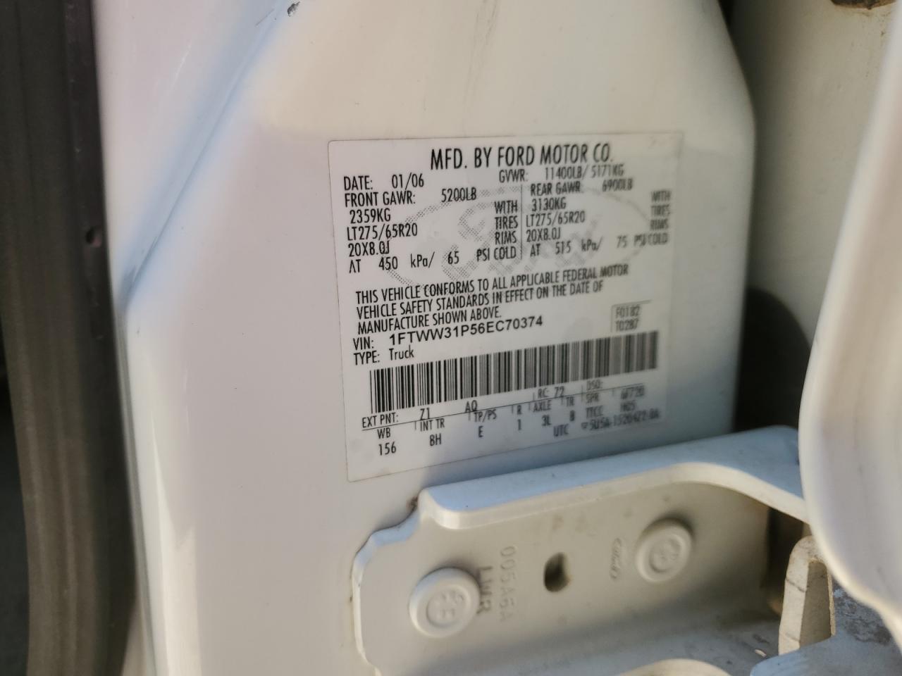 2006 Ford F350 Srw Super Duty VIN: 1FTWW31P56EC70374 Lot: 84885615
