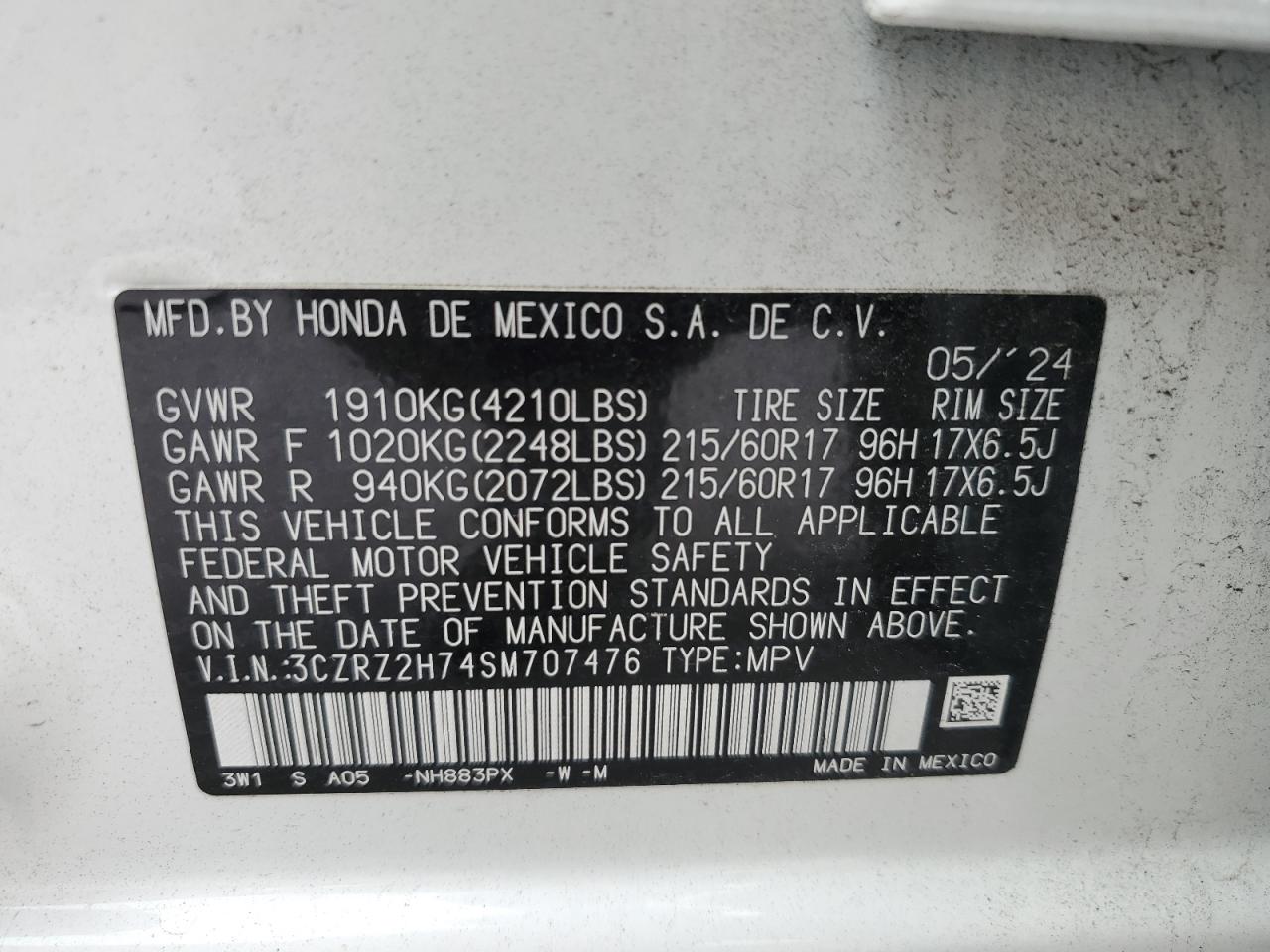 2025 Honda Hr-V Exl VIN: 3CZRZ2H74SM707476 Lot: 82412475