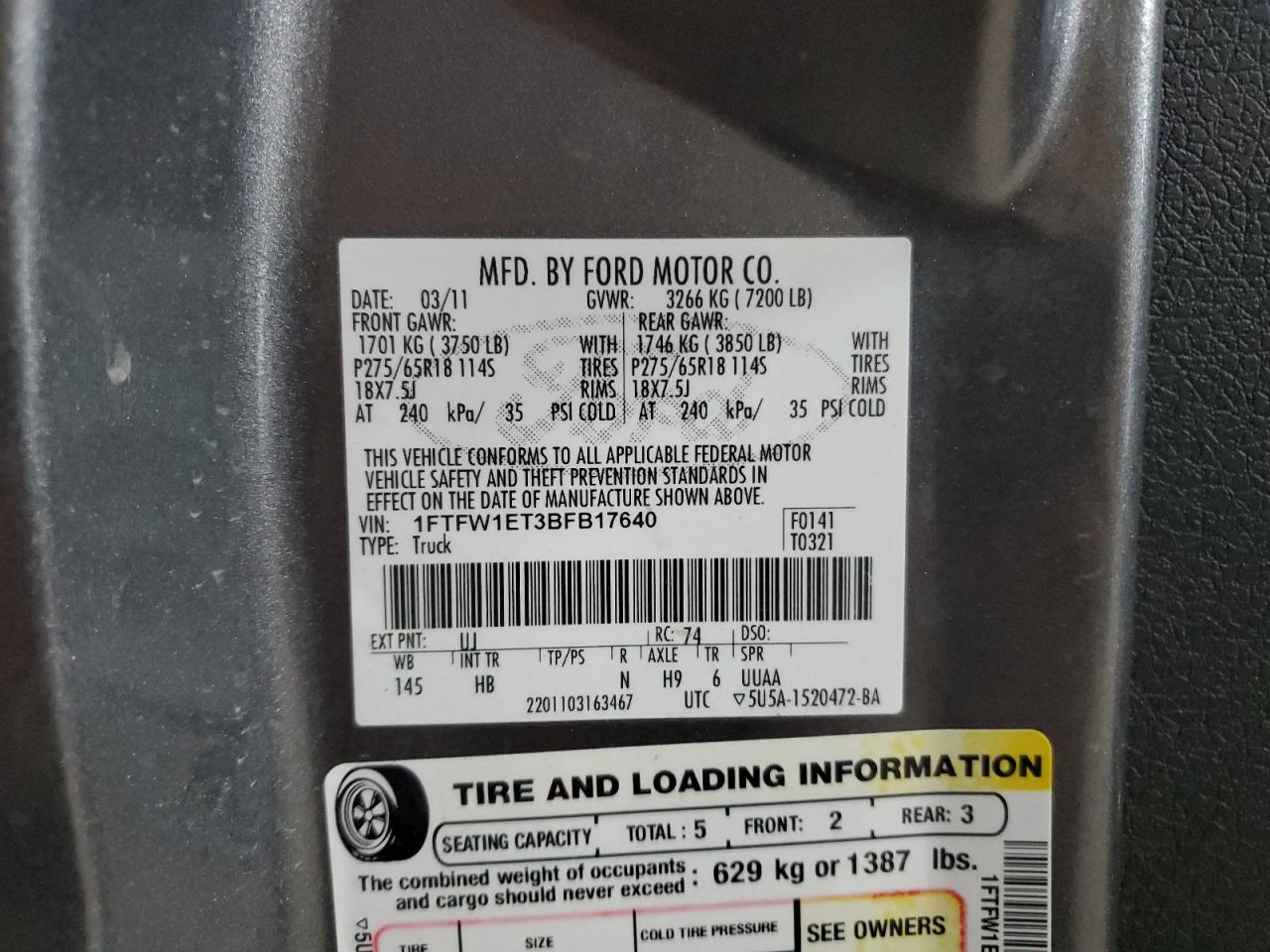 2011 Ford F150 Supercrew VIN: 1FTFW1ET3BFB17640 Lot: 82448385