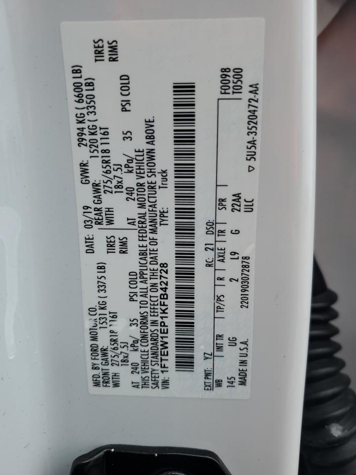 2019 Ford F150 Supercrew VIN: 1FTEW1EP1KFB42728 Lot: 90370575