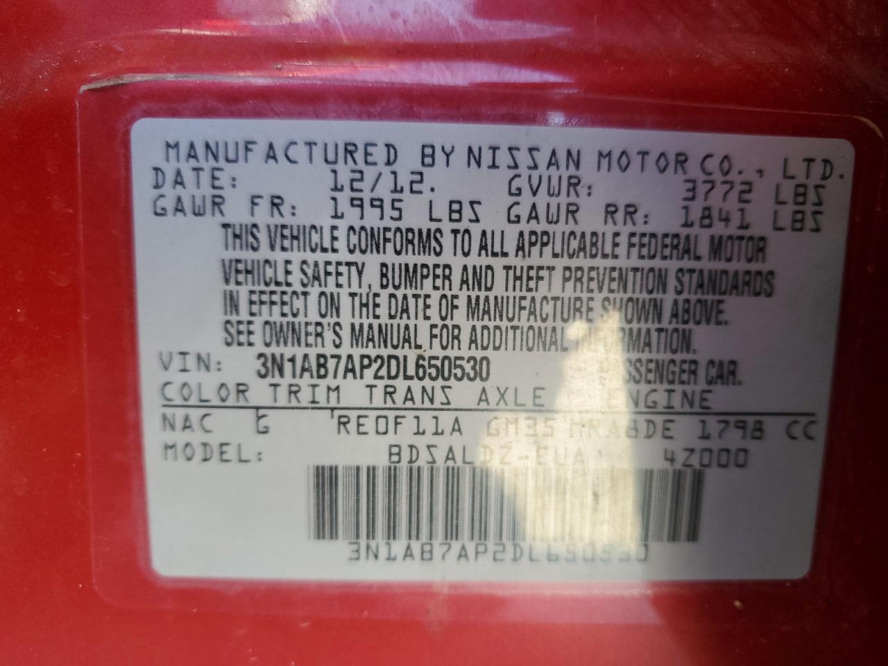 2013 Nissan Sentra S VIN: 3N1AB7AP2DL650530 Lot: 85155165