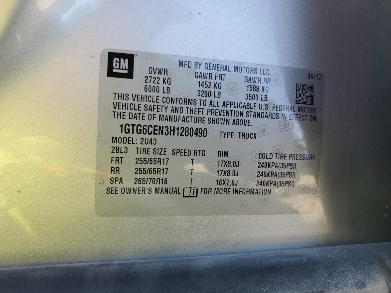 2017 GMC Canyon Sle VIN: 1GTG6CEN3H1280490 Lot: 84636785