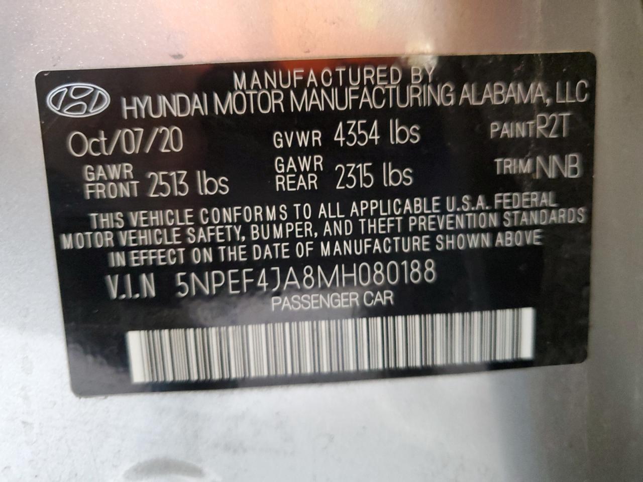 2021 Hyundai Sonata Sel VIN: 5NPEF4JA8MH080188 Lot: 85563005