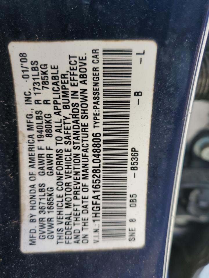 2008 Honda Civic Lx VIN: 1HGFA16528L048806 Lot: 82577375