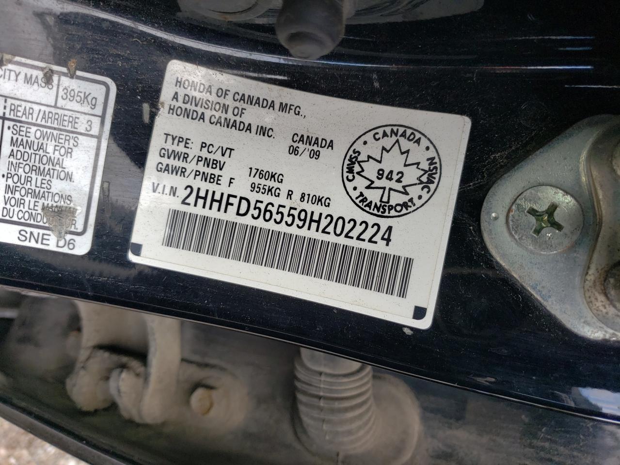 2009 Acura Csx VIN: 2HHFD56559H202224 Lot: 90434045