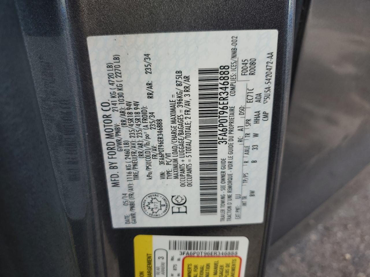 2014 Ford Fusion Se VIN: 3FA6P0T96ER346888 Lot: 84884575