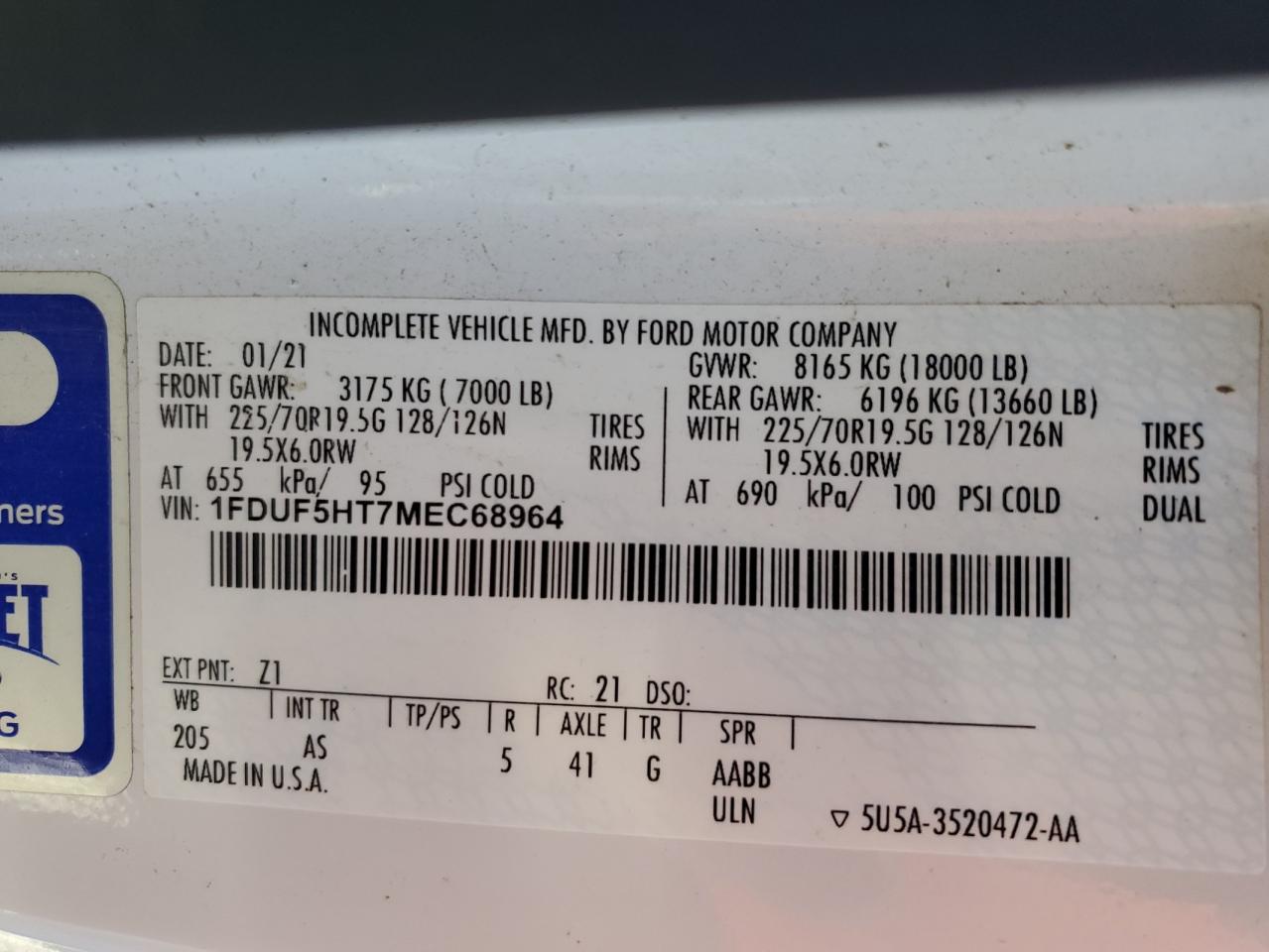 2021 Ford F550 Super Duty VIN: 1FDUF5HT7MEC68964 Lot: 86972455
