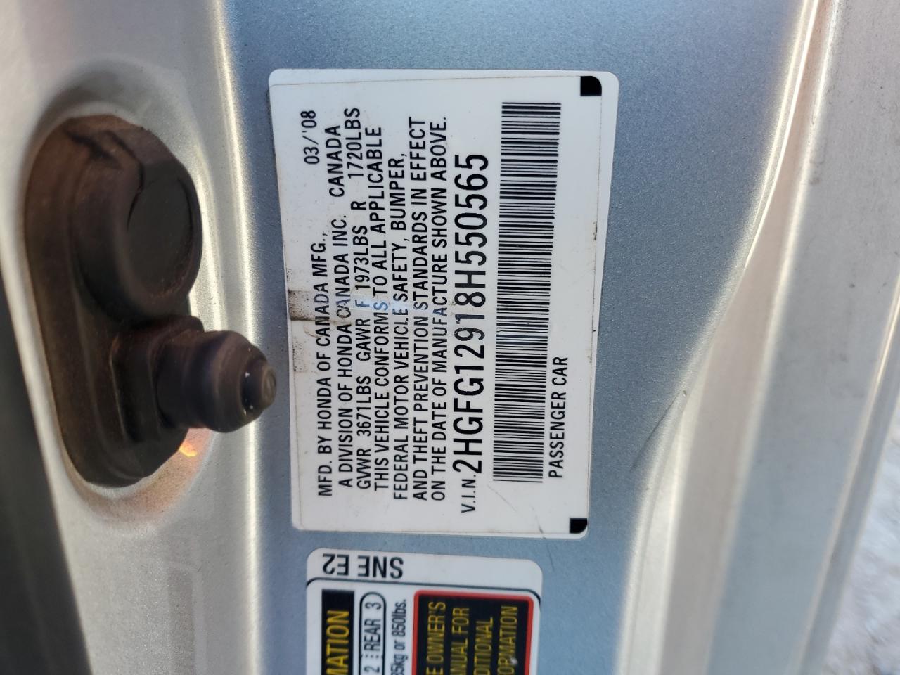 2008 Honda Civic Exl VIN: 2HGFG12918H550565 Lot: 87256235
