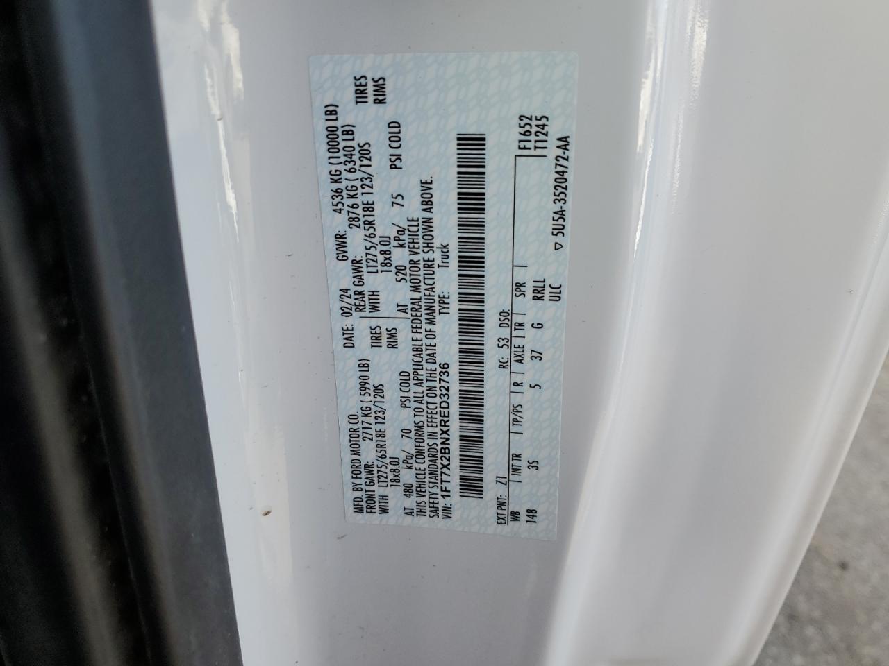 2024 Ford F250 Super Duty VIN: 1FT7X2BNXRED32736 Lot: 86670785