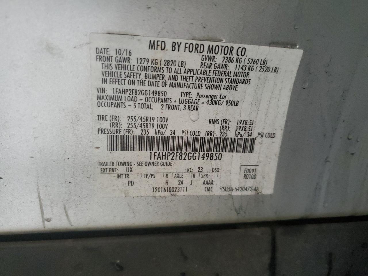 2016 Ford Taurus Limited VIN: 1FAHP2F82GG149850 Lot: 81952005