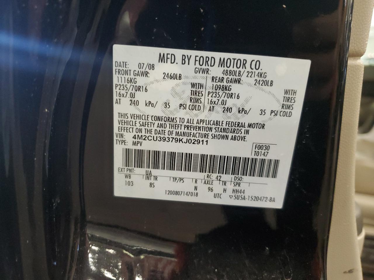 2009 Mercury Mariner Hybrid VIN: 4M2CU39379KJ02911 Lot: 85654415