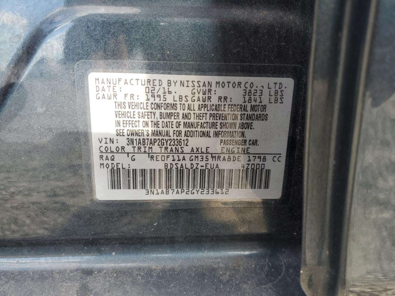 2016 Nissan Sentra S VIN: 3N1AB7AP2GY233612 Lot: 82428105