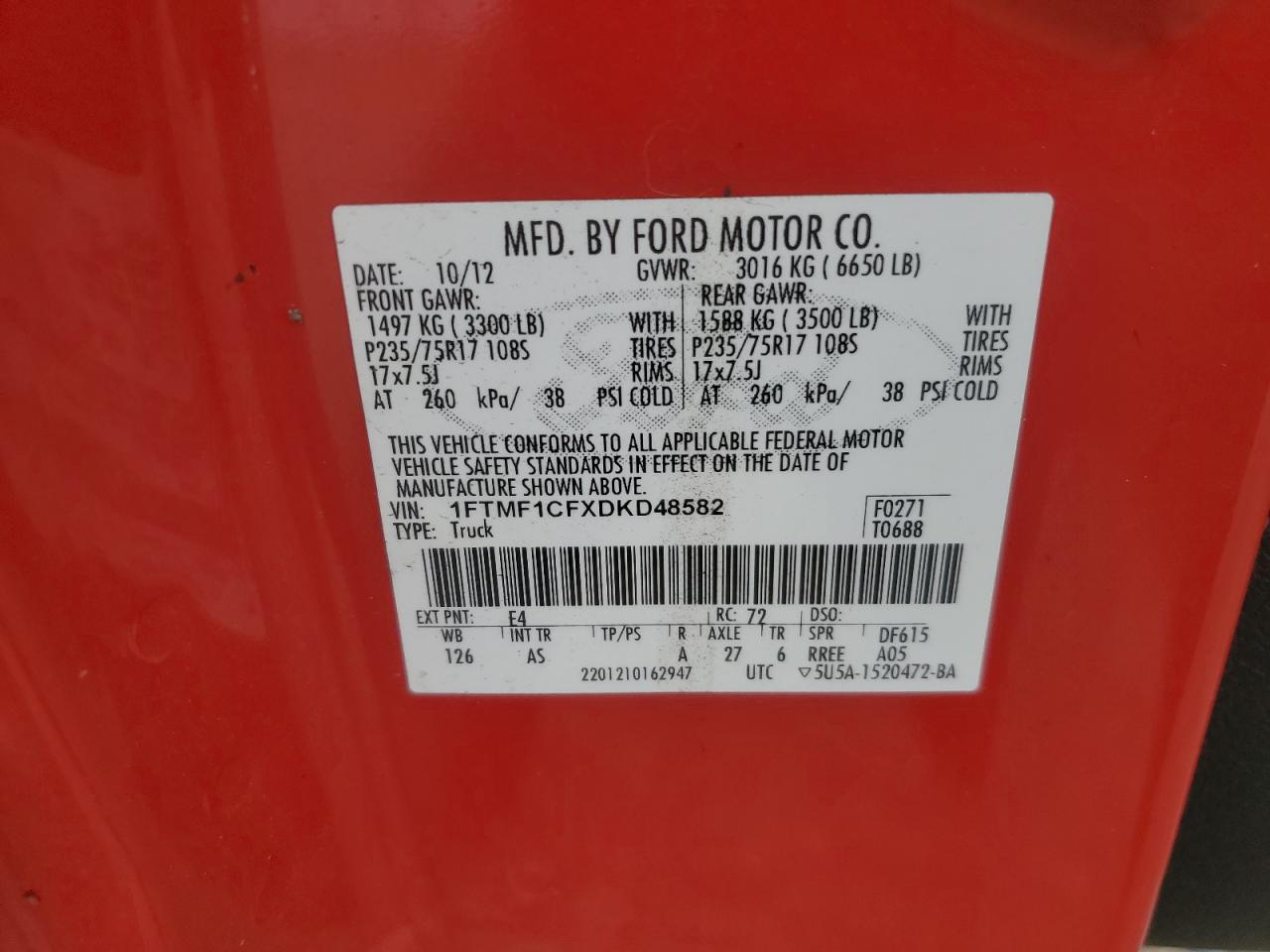 2013 Ford F150 VIN: 1FTMF1CFXDKD48582 Lot: 81919855