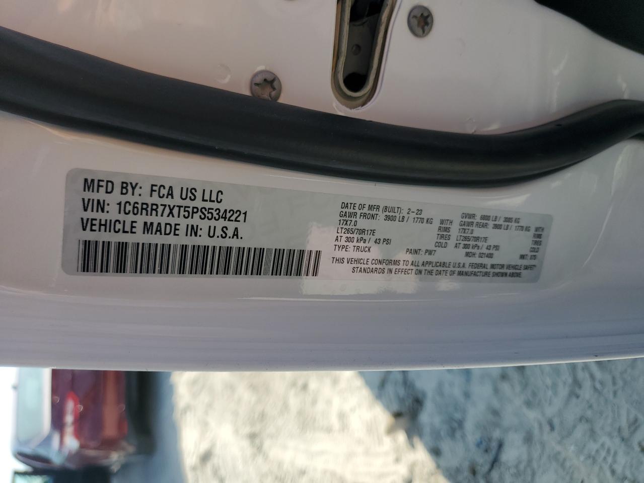 2023 Ram 1500 Classic Ssv VIN: 1C6RR7XT5PS534221 Lot: 89660255