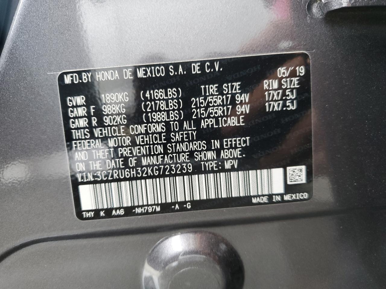 2019 Honda Hr-V Lx VIN: 3CZRU6H32KG723239 Lot: 86189555