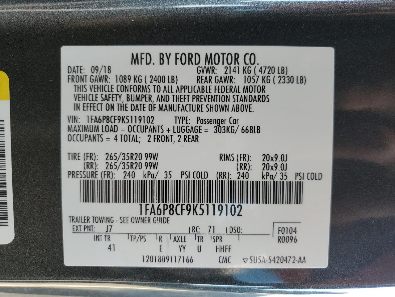 2019 Ford Mustang Gt VIN: 1FA6P8CF9K5119102 Lot: 85141855