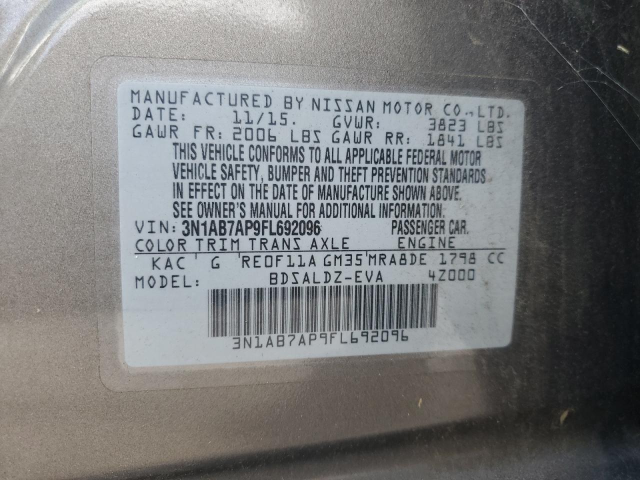 2015 Nissan Sentra S VIN: 3N1AB7AP9FL692096 Lot: 84059385