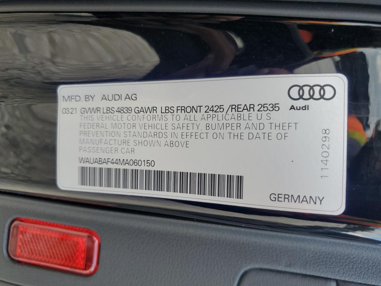 2021 Audi A4 Premium 40 VIN: WAUABAF44MA060150 Lot: 87293475