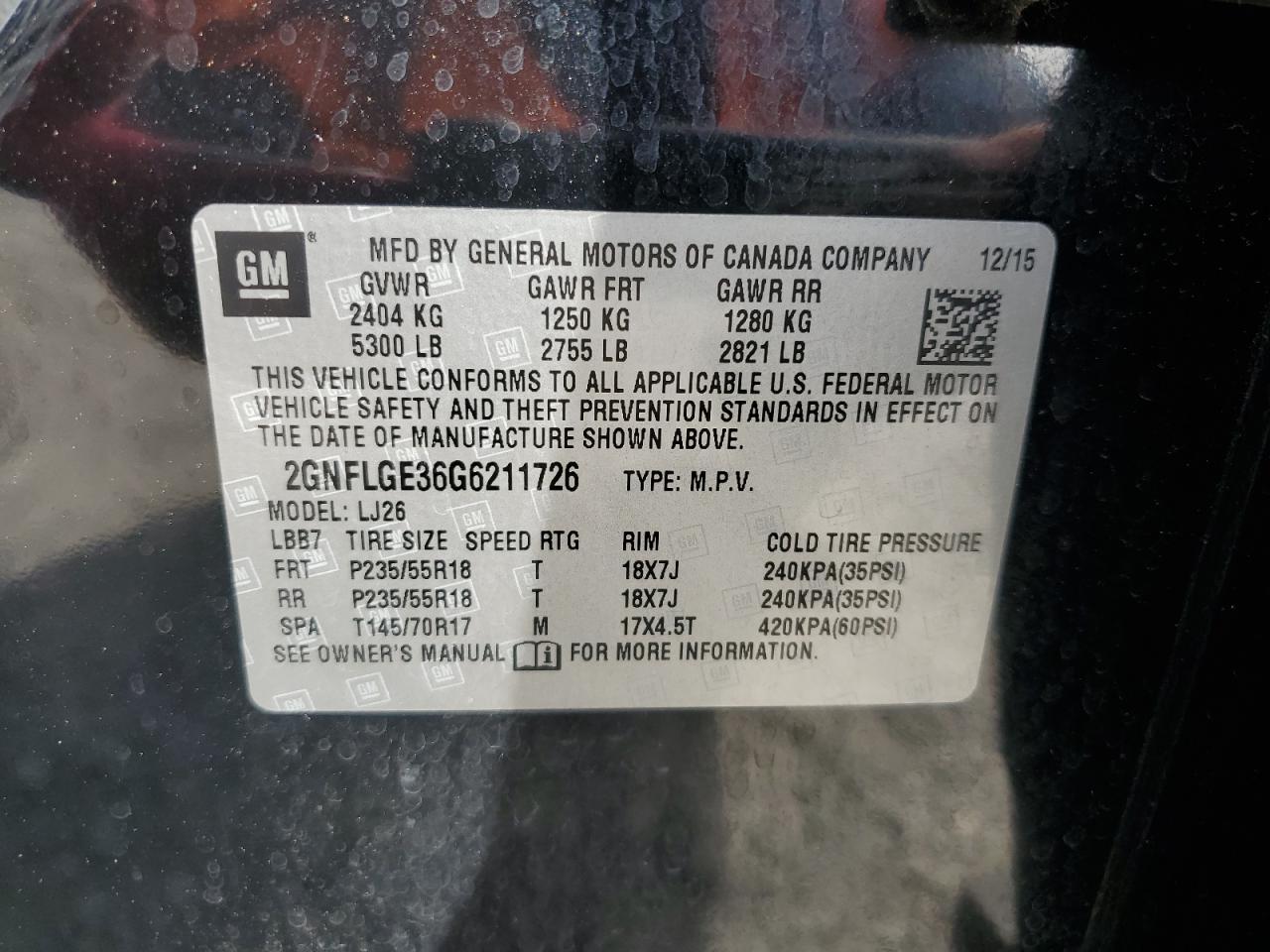 2016 Chevrolet Equinox Ltz VIN: 2GNFLGE36G6211726 Lot: 82255255