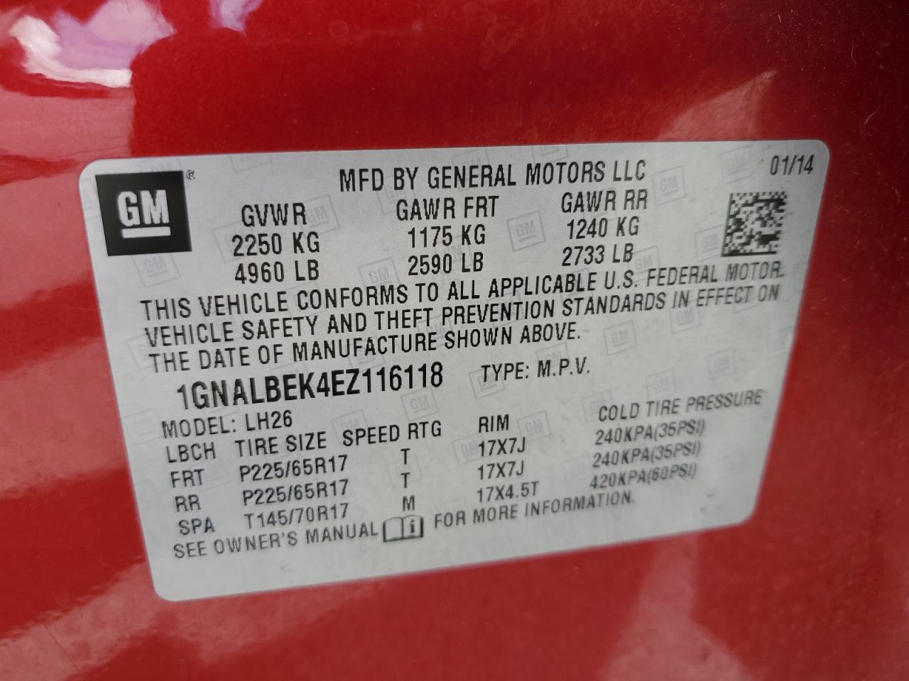 2014 Chevrolet Equinox Lt VIN: 1GNALBEK4EZ116118 Lot: 85878865