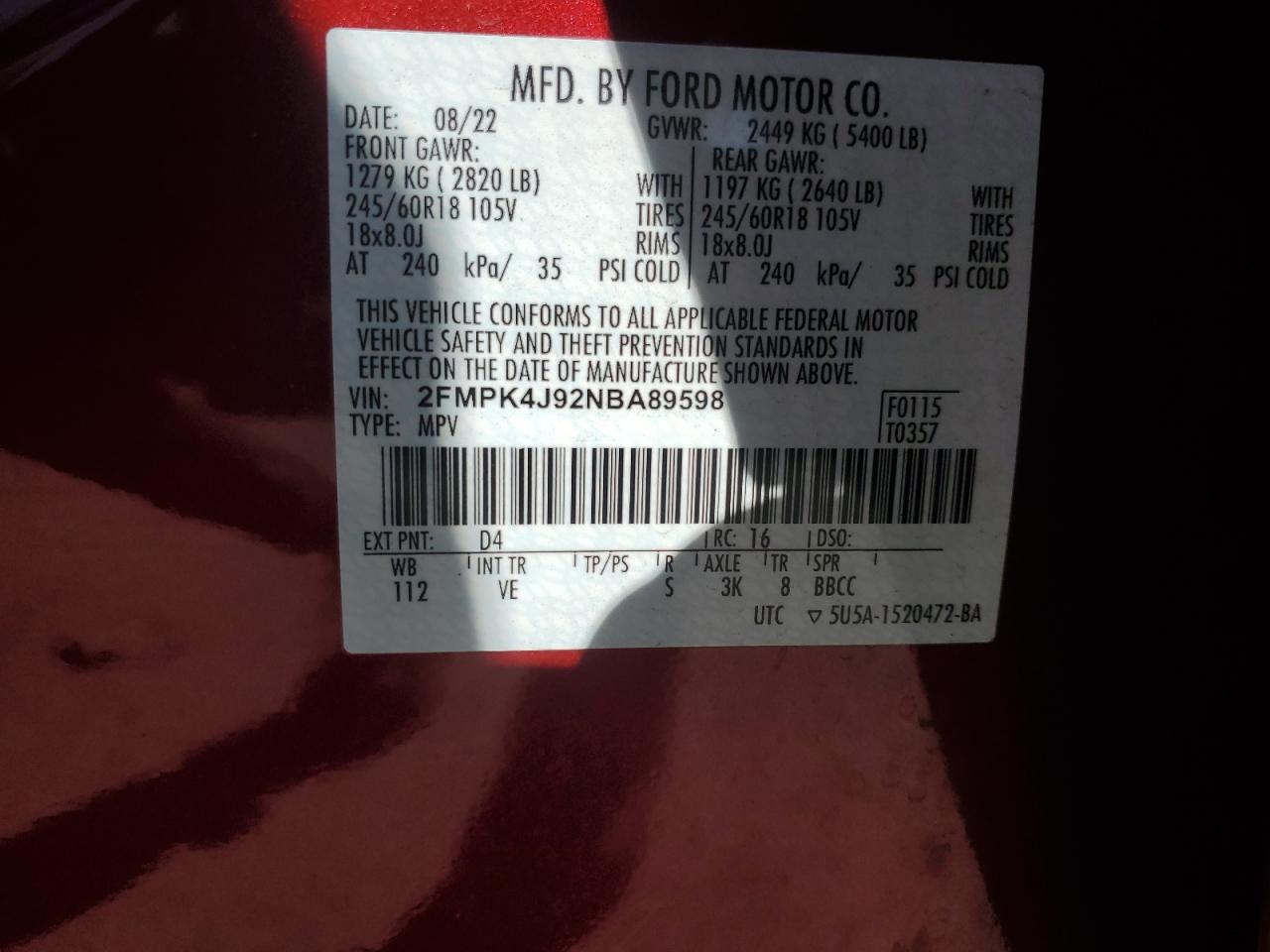 2022 Ford Edge Sel VIN: 2FMPK4J92NBA89598 Lot: 81868095