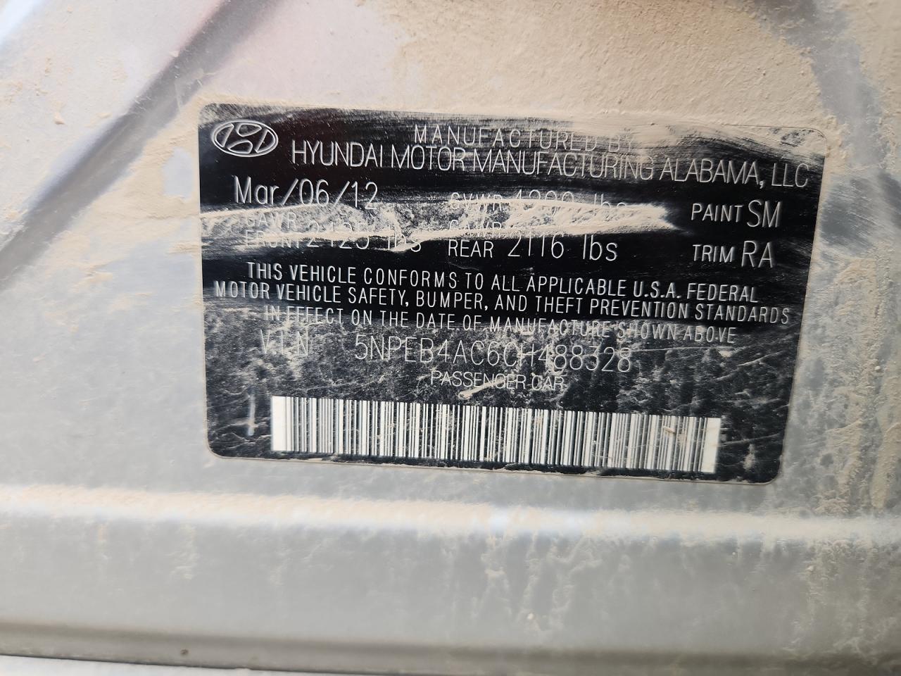 2012 Hyundai Sonata Gls VIN: 5NPEB4AC6CH488328 Lot: 85407915