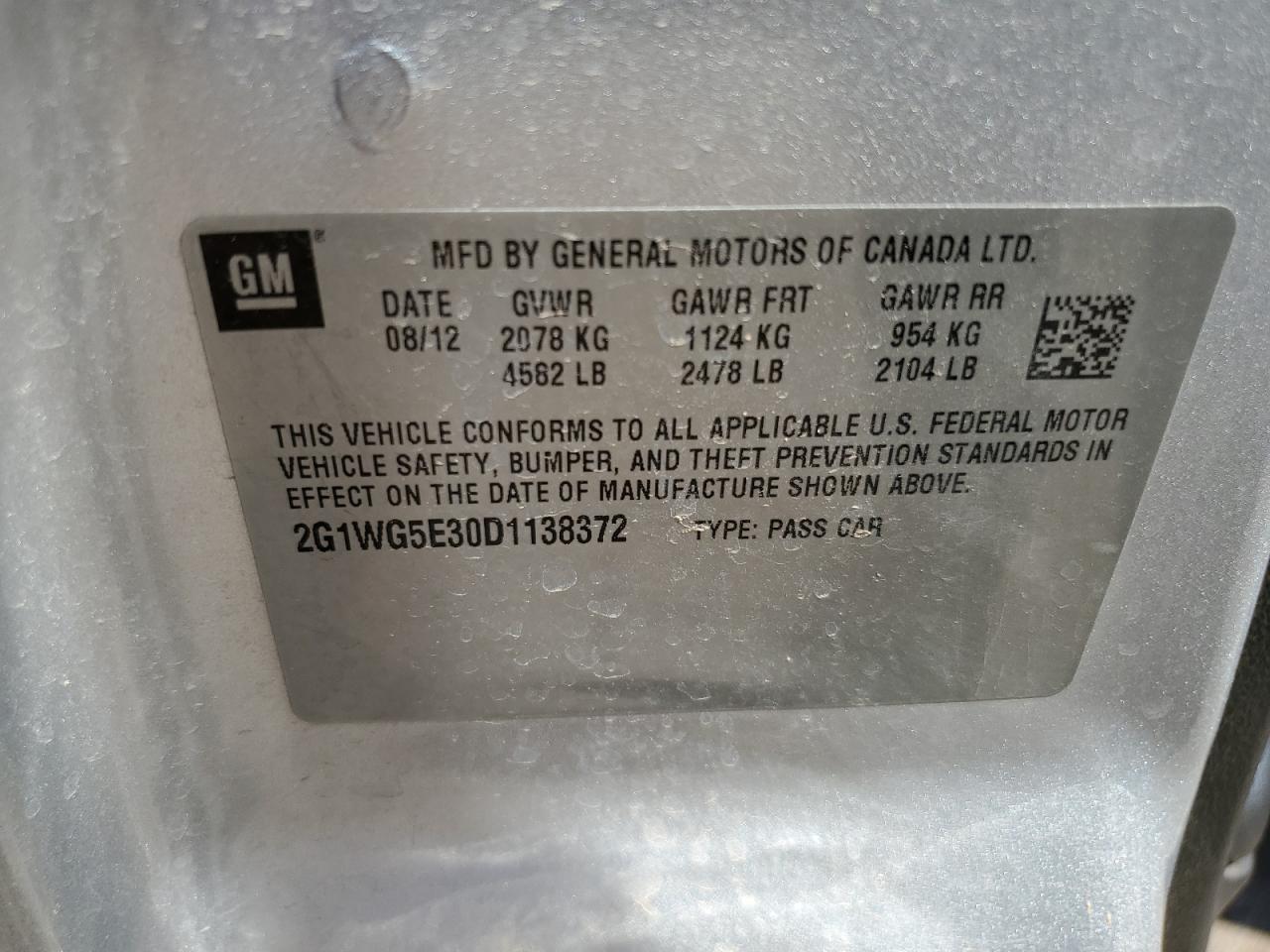 2013 Chevrolet Impala Lt VIN: 2G1WG5E30D1138372 Lot: 85163055