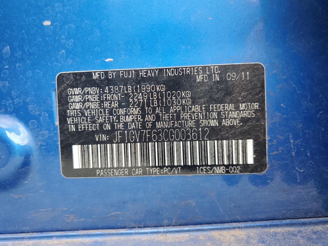 2012 Subaru Impreza Wrx VIN: JF1GV7F63CG003612 Lot: 86295915