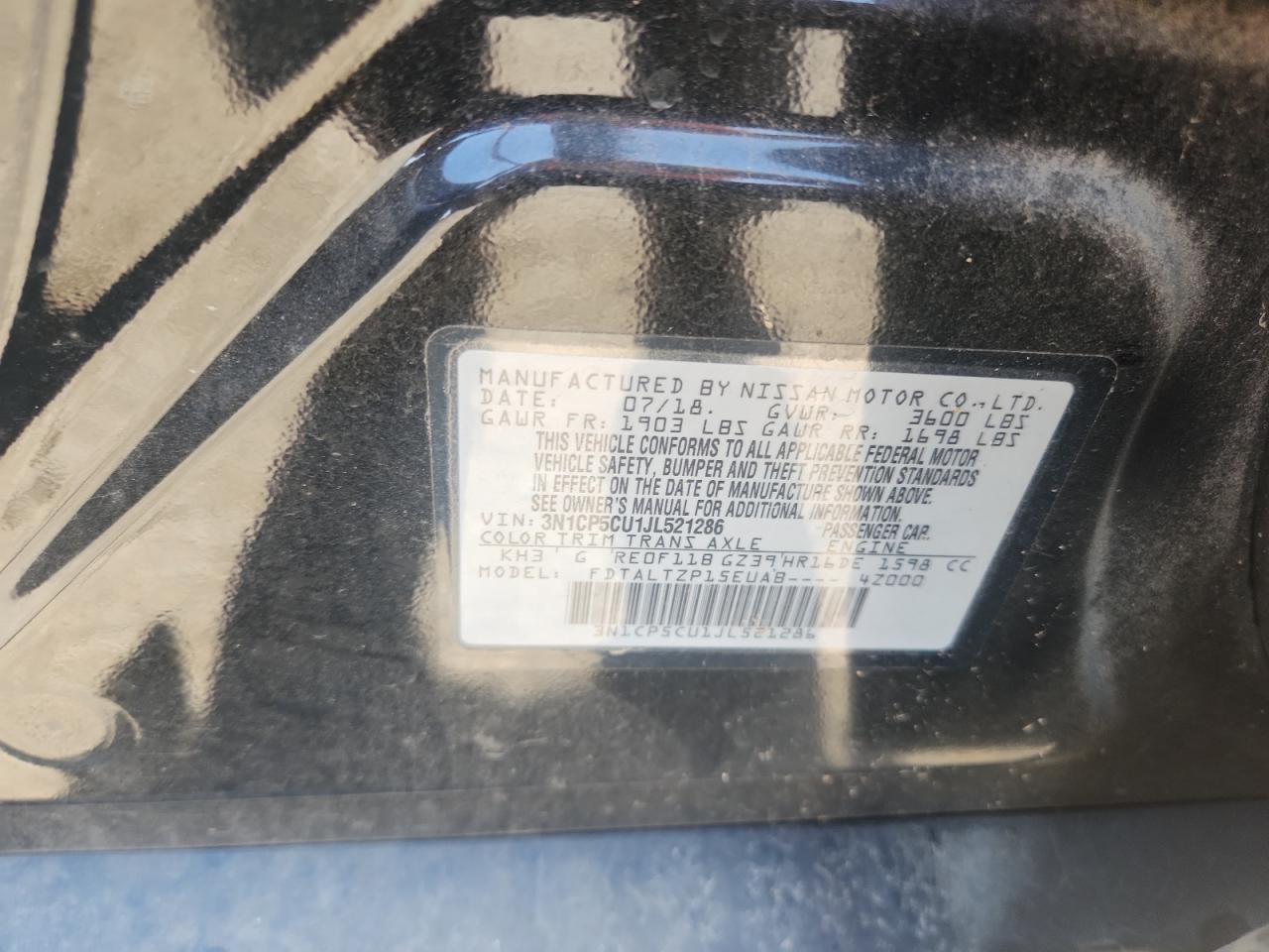 2018 Nissan Kicks S VIN: 3N1CP5CU1JL521286 Lot: 86432495