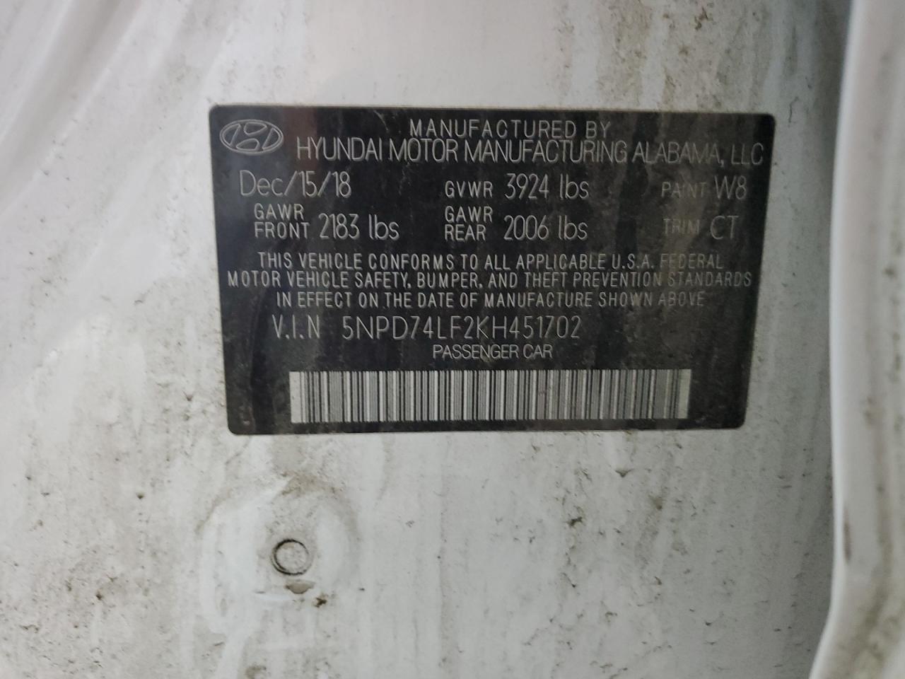 2019 Hyundai Elantra Se VIN: 5NPD74LF2KH451702 Lot: 84870815