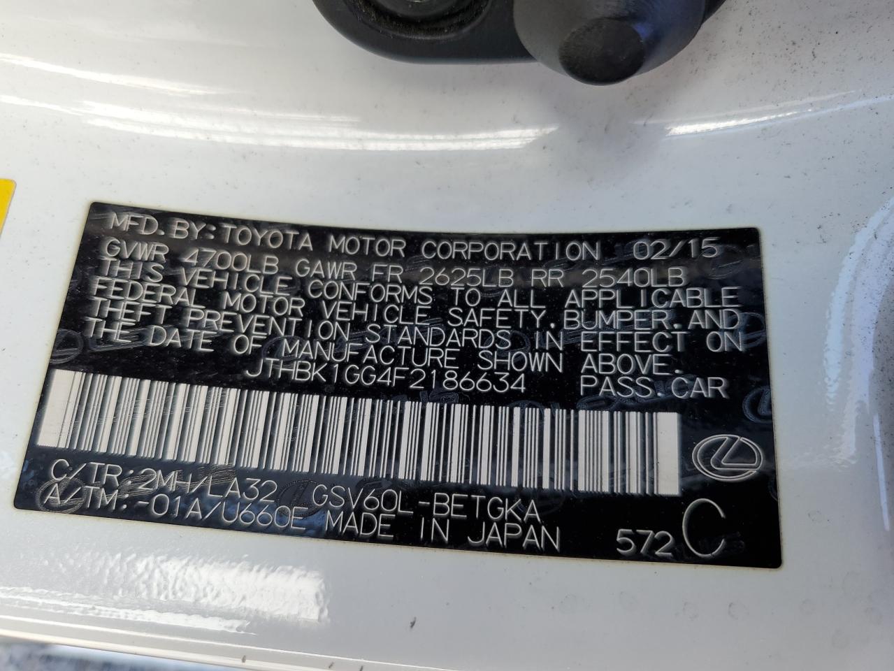 2015 Lexus Es 350 VIN: JTHBK1GG4F2186634 Lot: 82456975