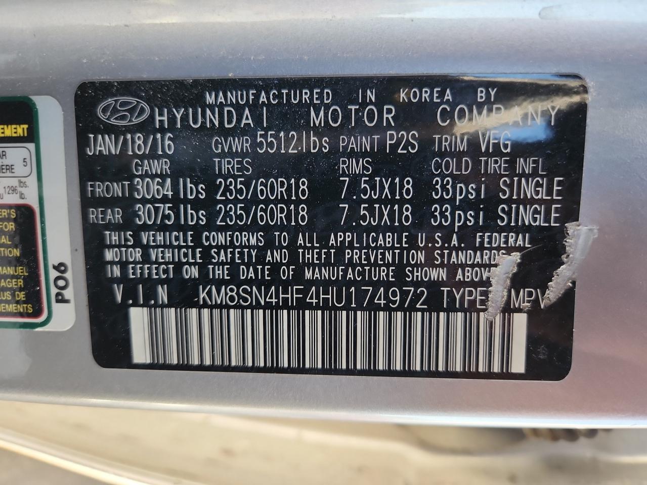 2017 Hyundai Santa Fe Se VIN: KM8SN4HF4HU174972 Lot: 81434955
