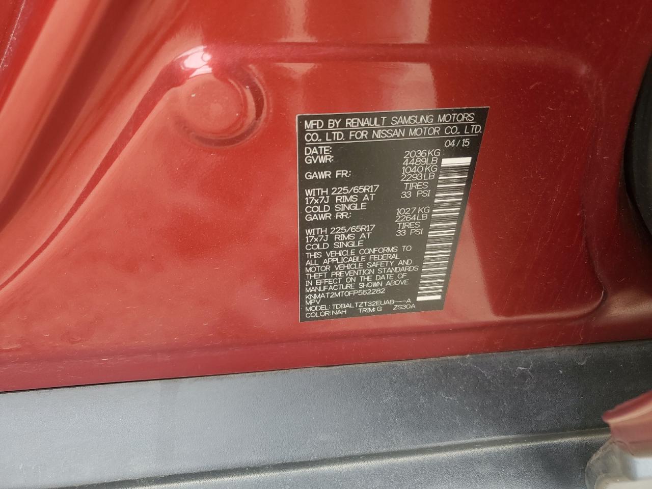 2015 Nissan Rogue S VIN: KNMAT2MT0FP562282 Lot: 85160315