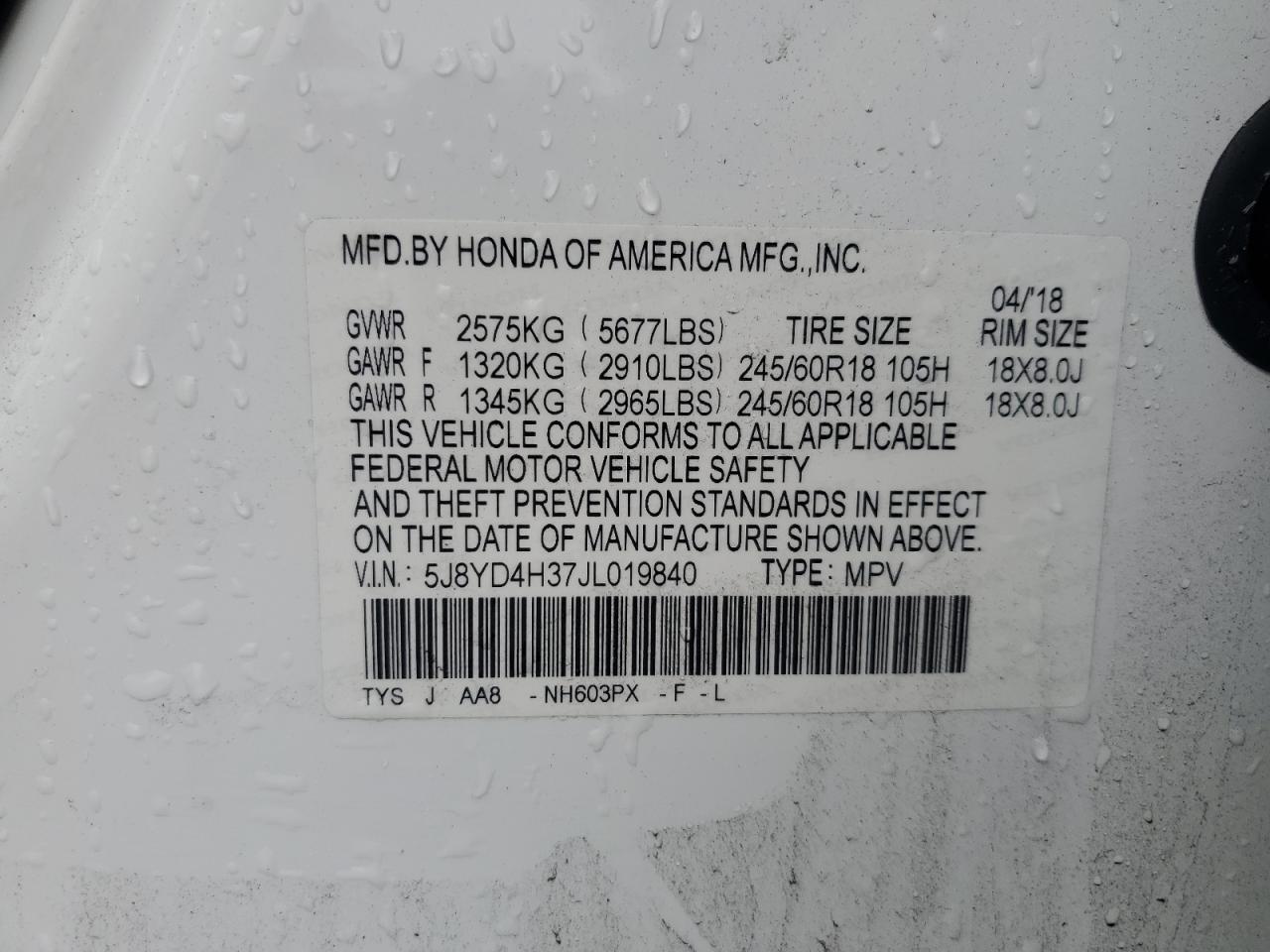 2018 Acura Mdx VIN: 5J8YD4H37JL019840 Lot: 82310485